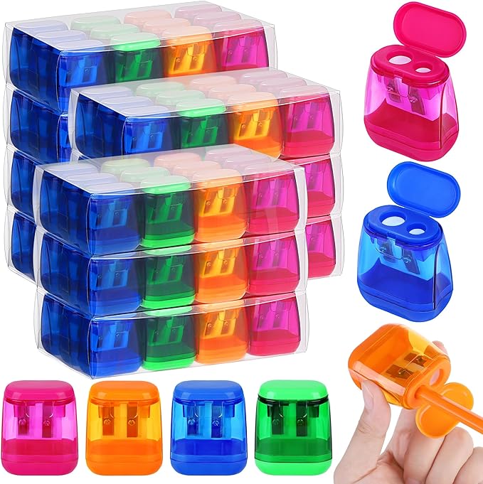 Aodaer 96 Pieces Manual Pencil Sharpeners Dual Hole Compact Sharpener with Lid for Kids Pencil Sharpener in School, Office, Home Mixed 4 Colors