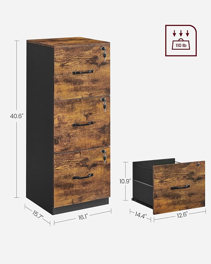 VASAGLE File Cabinet, 3 Drawer Filing Cabinet for Home Office, with Locks, for A4, Letter Sized Documents, Hanging File Folders, Rustic Brown UOFC055K101S