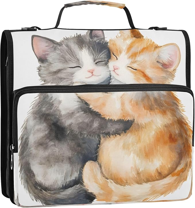3 Ring Zipper Binder Cute Cats in Love Binder Organizer Portfolio with File and Shoulder Strap & Handle Large Capacity File Folder
