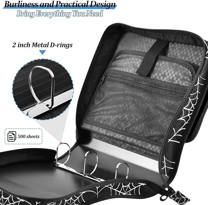 Custom White Black Spider Web Pattern 3 Ring Binder Bag 1.5 inch Personalized Name Binder Organizer 500 Sheet Documents Storage for School Office
