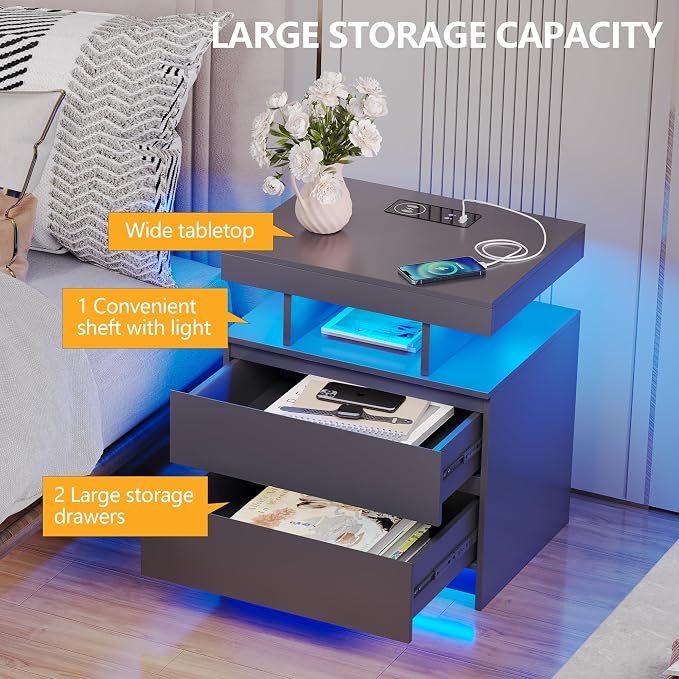 dnbss LED Nightstand with Charging Station, Smart Bedside Table, Grey | Modern Night Stand, Floating Desktop, 2 Drawers, 1 Compartment, Human Body Sensor, for Bedroom Living Room Office Storage