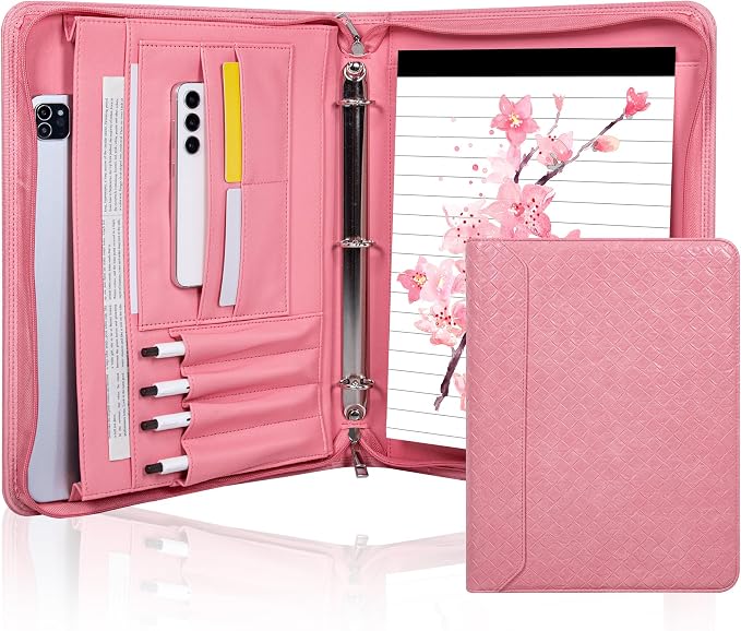 Fashionable Mesh Super Pink PU Padfolio, Vegan Leather Binder Portfolio for Women, 3 Ring Padfolio with Zipper, A4 Planner Binder Laptop Pocket, Legal Size Portfolio, Christmas Gift