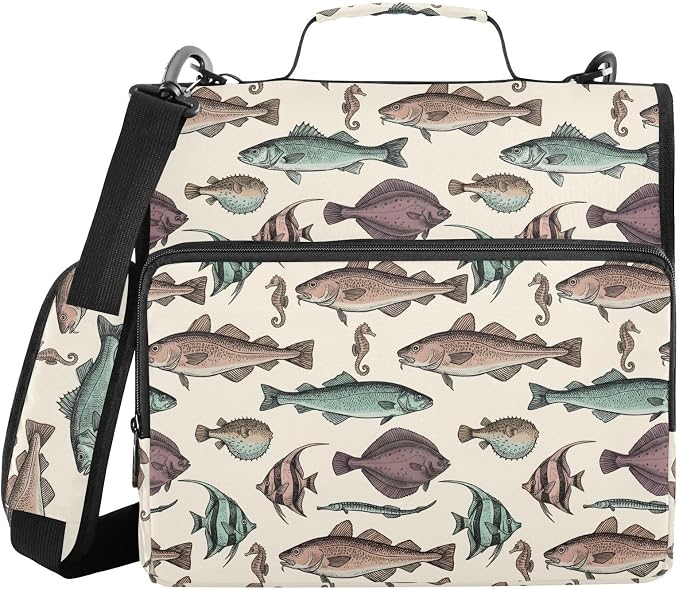 Vintage Fish Beige Print Zipper Binder Bag 3 Ring with Shoulder Strap & Handle Multi Pocket Binder Organizer Bag Large Capacity for School Office Supplies