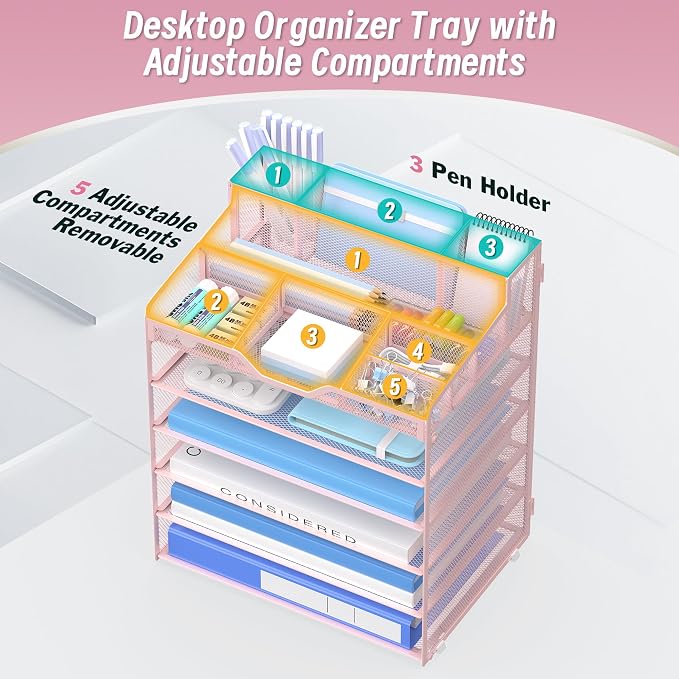 6 Tier Mesh Paper Desk Organizer with Pen Holders, Pink | Features 3 pen holders, and 5 adjustable compartments for office school home desk storage