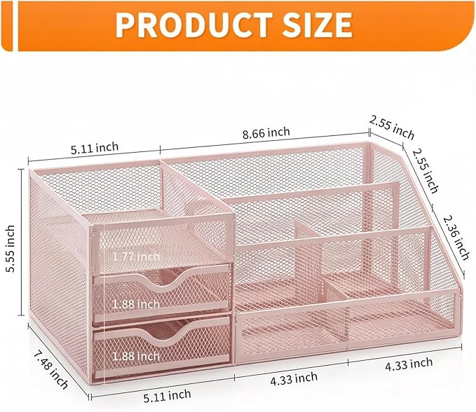 Lavatino Mesh Desk Organizer with 6 Compartments & 2 Drawers, Larger Multi-functional Desktop and Workspace Accessories Organizer for Office, Classroom, Dorm Supplies (Pink)