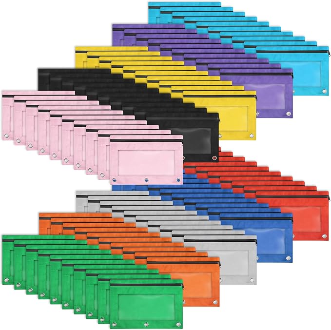 100 Pack 10 Colors Pencil Pouch for 3 Ring Binder,Binder Pencil Pouch | Clear Window Pencil Case Binder, Durable Zipper Pencil Pouch, Pencil Pouches Bulk Pencil Bags for School and Office Supplies
