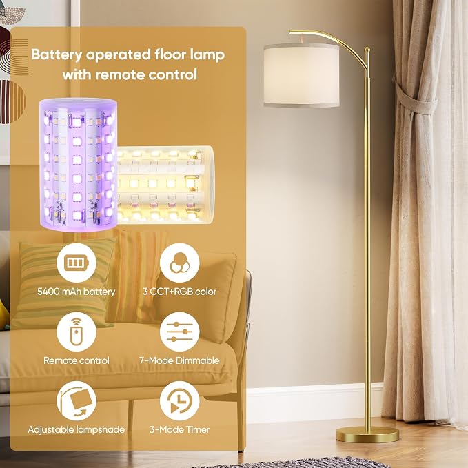 Battery Operated Floor Lamp, RGB Dimmable Cordless Standing Lamp with Remote Control for Living Room, Tall Floor Lamp for Bedroom -Gold