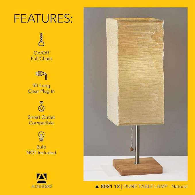 Adesso Table Lamp, Brushed Steel & Off-White, Pull Chain, 26”