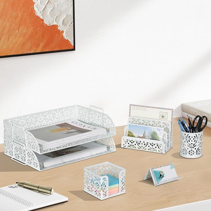 EasyPAG Desk Organizers and Accessories 5 Pieces Office Supplies Set - 2 Tier Paper Tray, Pencil Organizer for Desk, Mail Sorter Countertop, Business Card Holder and Sticky Note Holder, White
