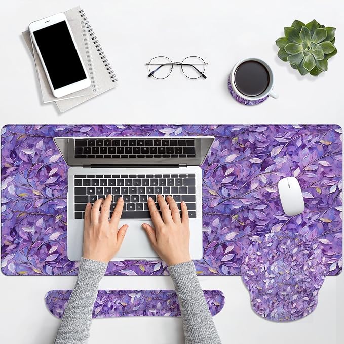 Keyboard Mouse Pad Set, 4 in 1 Desk Mat Set, Purple Leaves Oil | Large Mousepad+Keyboard Wrist Rest+Mouse Wrist Rest+Coaster Ergonomic Design for Home Office Computer
