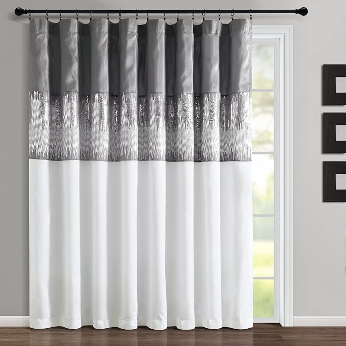 Lush Decor Night Sky Window Curtain Panel, Single 100"W x 84"L Gray & White - Sequin Backdrop Curtain - Extra Wide Curtains - Sliding Door Curtain