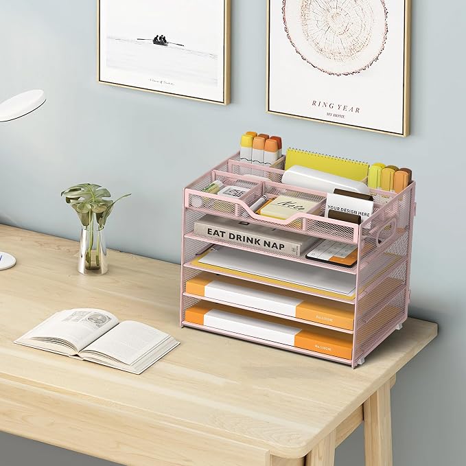 5 Tier Paper Letter Tray Desk Organizer with Pen Holders - Pink | Features 3 pen holders and 4 removable dividers.Versatile mesh desktop storage for mail, document,office supplie
