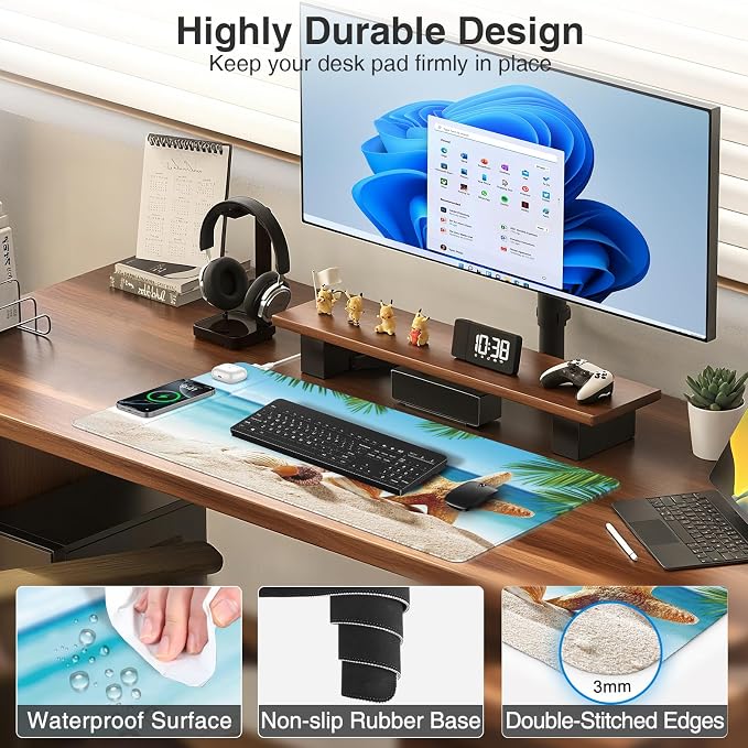Wireless Charging Mouse Pad, 31.5"x15.8", with 20W PD Adapter, Summer Beach | Desk Writing Pad for Home Office Gaming, Waterproof Ultra-Smooth Surface, Non-Slip Base