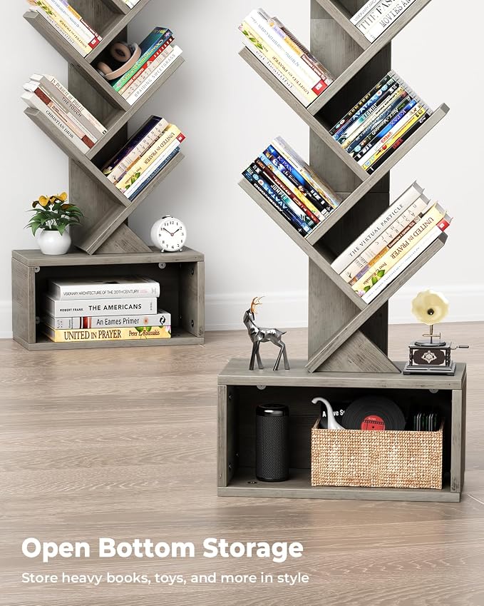 Evermagin 6 Tier Tree Bookshelf with Light, Bookcase, Gray | Narrow Tower Design, Storage Cabinet for Book Organization, Tall Floor Standing Use, Living Room, Bedroom and Home Office