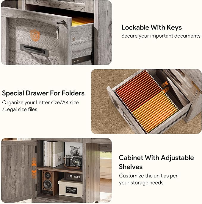 Decofy Farmhouse Executive Desk with Drawers, 55" Home Office Desks with Fast Charging Station, Lockable File Cabinet, Wood Writing Computer Desk for Work, Study, Grey
