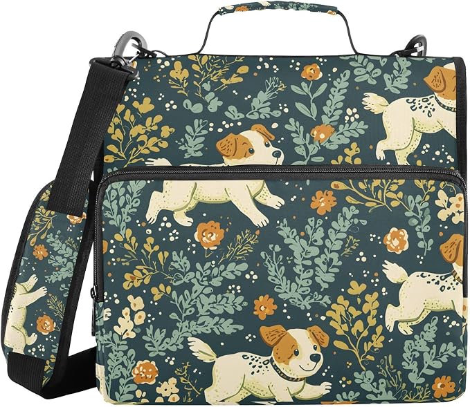 3 Ring Zipper Binder with Shoulder Strap Jack Russell Meadow Pattern 1.5 inch Binders Keeper Large Capacity Multi Pockets for School Office Supplies