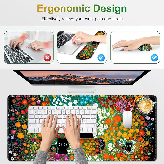Large Gaming Mouse Pad Set, 4 in1 Ergonomics Keyboard Desk Mat w/Memory Foam Wrist Rest, Computer Extended Game Mousepad, Non-Slip Desk Matt Easy Typing Pain Relief I Multicolored Flower Cat