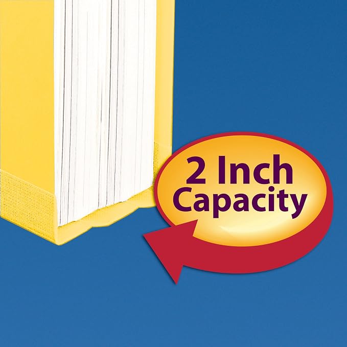 Smead Pressboard Fastener File Folder with SafeSHIELD Fasteners, 2 Fasteners, 1/3-cut Tab, 2" Expansion, Letter Size, Yellow, 25 Per Box (14939)
