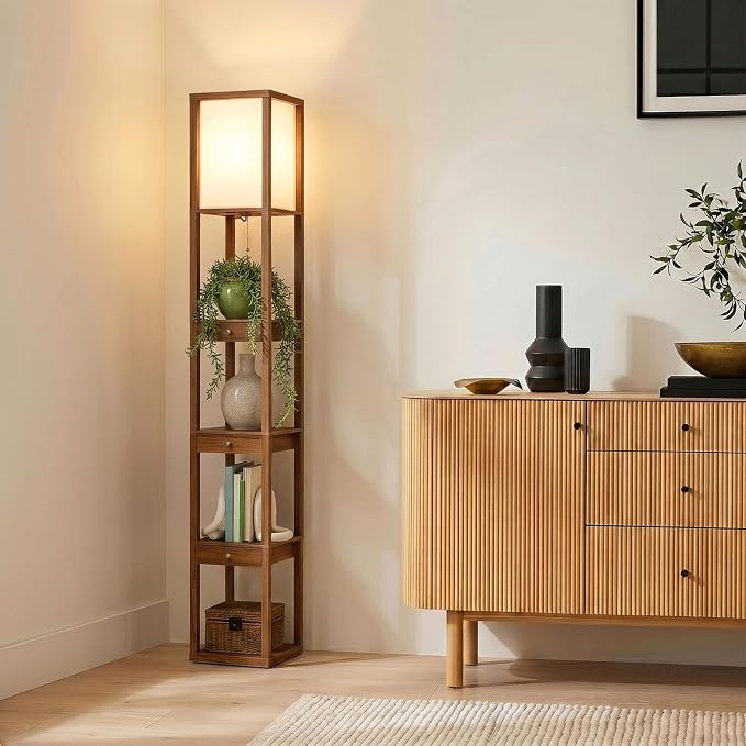 Brightech Maxwell Drawer Edition - Modern Shelf Floor Lamp with Drawer - Corner Display Floor Lamps with Shelves for Living Room, Bedroom and Office - Havana Brown