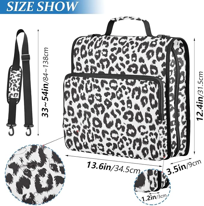 Black and White Leopard Print 3 Ring Binder Bag 1.5 inch Binder Organizer with Zipper Shoulder Strap 500 Sheet Documents Storage for School Office