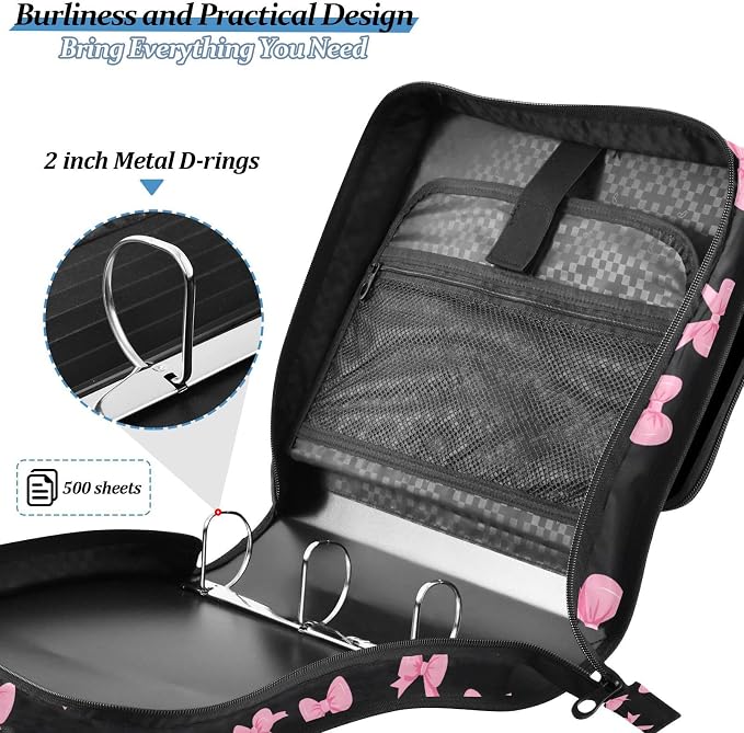 Custom Pink Bow Black Background 3 Ring Binder Bag 1.5 inch Personalized Name Binder Organizer 500 Sheet Documents Storage for School Office