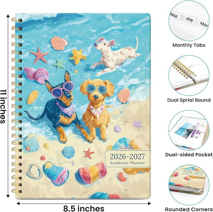 Planner 2026-2027, Academic Year Monthly & Weekly Planner Caledndar, July 2026 - June 2027, Hardcover Large Planning Agenda Book with Tabs for School Office Supplies, 8.5" x 11" - Beach Pups