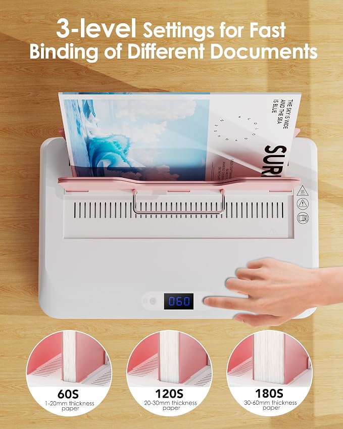 Pink Thermal Binding Machine 500 Sheets Capacity, Digital Touch Panel, Air Cooling, Electric Thermal Binder for A4//A5/Letter Size Documents, Come with 10 PCS Binding Covers
