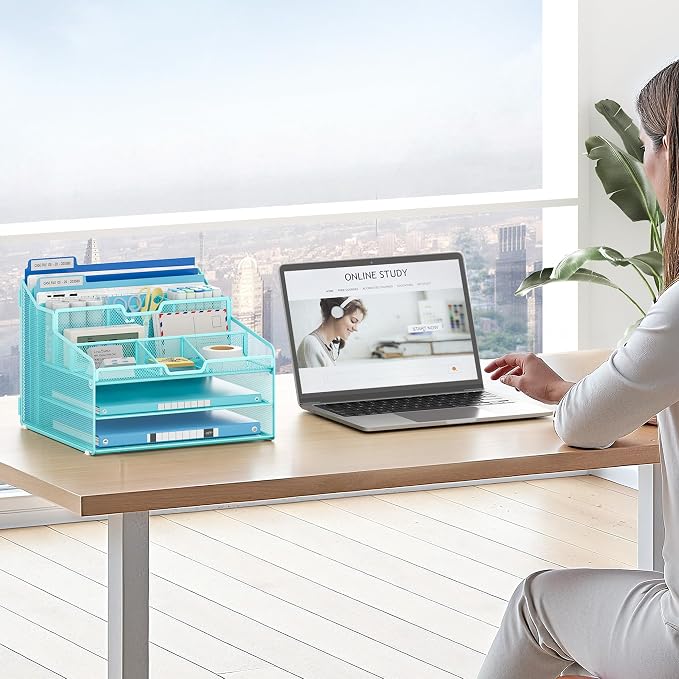 Lavatino Desk Paper File Organizer - Metal Mesh with 2 Letter Trays, 7 Flexible Dividers, 2 Vertical File Folder Holders for Office/Home/Classroom Supplies, Desk Organizers and Accessories, Blue