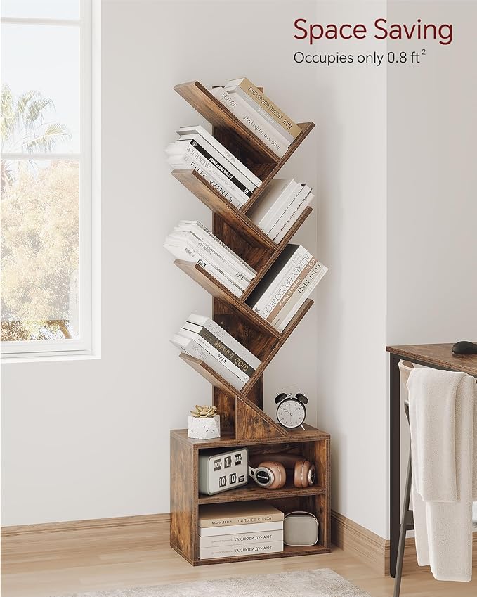 SUNMORY 6 Tier Tree Bookshelf, Tall Small Bookcase with Storage Cabinet | Modern Narrow Bookshelves Organizer, Floor Standing Book Case Shelf for Bedroom Living Room Home Office Corner, Rustic Brown