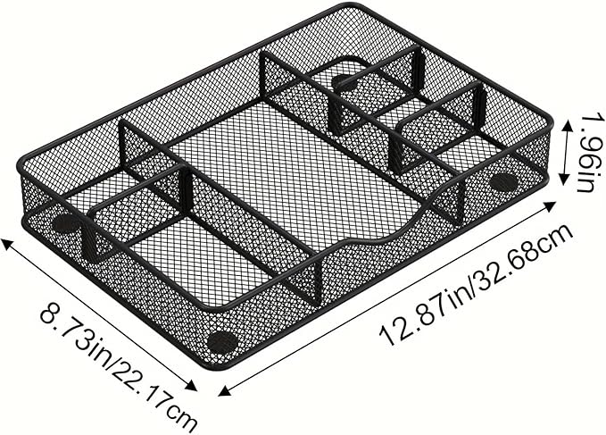 VyGrow Desk Drawer Organizer Tray, Metal Mesh Drawer Organizers Office, 6 Adjustable Compartment, Desk Organizer Tray for Home Office 12.87L x 8.73D x 1.96H inch, Black, 1PC Medium