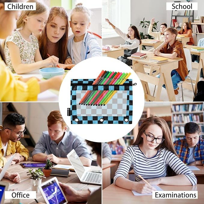 Custom Black Blue Checkered Pattern Pencil Pouch for 3 Ring Binder, 2 Pack Personalized Name Waterproof Pencil Bags Clear Window Pencil Case School Office Supplies