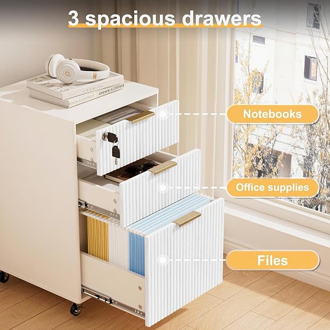 3 Drawers Fluted Mobile File Cabinet with Lock, Rolling File Cabinet Printer Stand Table, Under Desk Wooden Filing Cabinets for Home Office Essentials Storage Organization Furniture Letters/A4(White)