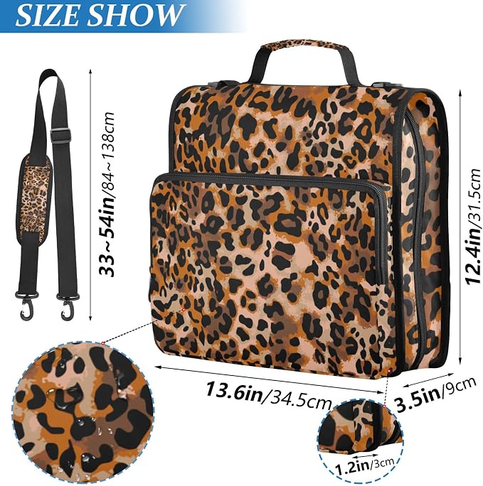 Fisyme Cheetah Leopard Print Zipper Binder 3 Ring with Zipper and Shoulder Strap Large Capacity Multi-Pocket Binder Organizer