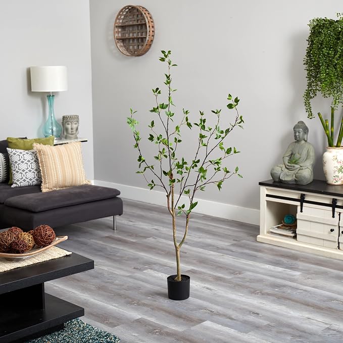 Nearly Natural 5 ft Minimalist Citrus Artificial Tree with Nursery Pot | Bendable Branches, Lifelike Foliage, Realistic Multi-Tonal Trunk, Stable Nursery Planter, Ideal for Compact Spaces
