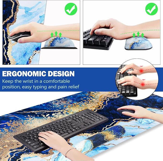 Large Gaming Mouse Pad, Keyboard Wrist Rest Pad & Wrist Support Mousepad Set, Stitched Edge, Extended, Non-Slip Base, Memory Foam,Multifunctional Desk Mat 4pcs for Office & Home, Blue Marble