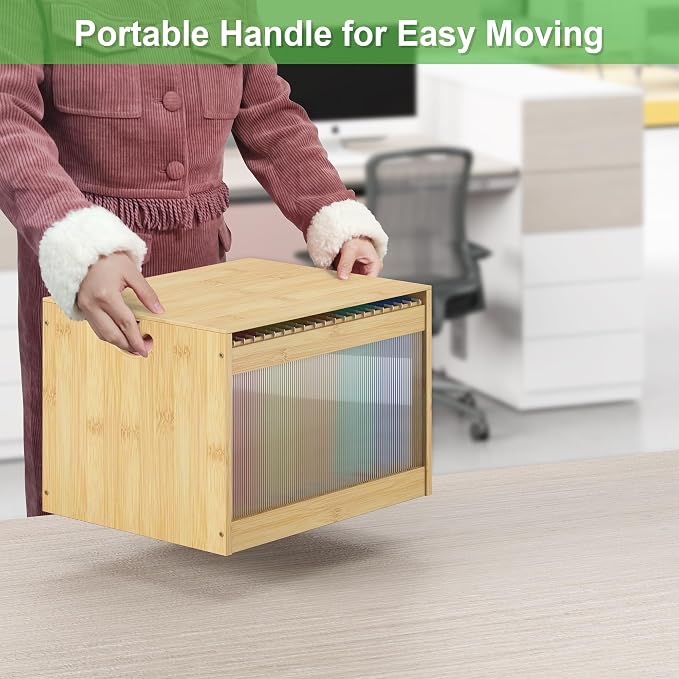 Bamboo Hanging File Box Organizer with Lid, File Folder, Nature, 1 Pack