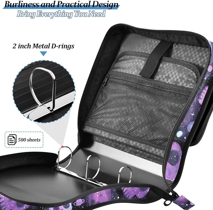 Custom Purple Skulls Black Background 3 Ring Binder Bag 1.5 inch Personalized Name Binder Organizer 500 Sheet Documents Storage for School Office