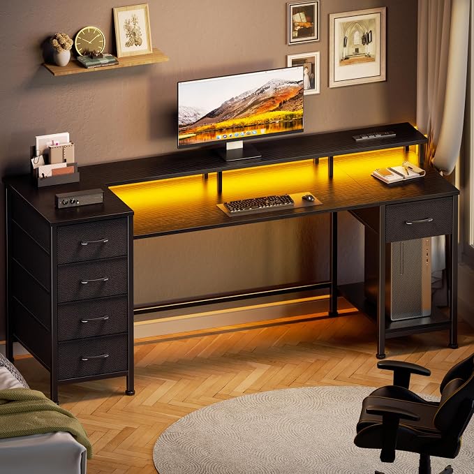 Korfile 61 Inch Gaming Computer Desk with Power Outlets,LED,5 Drawers,Black | For gaming and working,built-in power outlets and LED lights,5 fabric storage drawers, ffits 61-inch, monitor stand,black