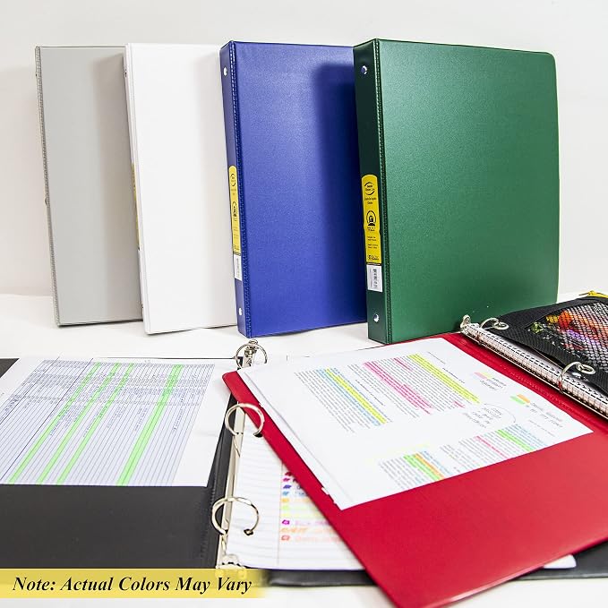 BAZIC Products 1" Color 3-Ring Binder, Round Ring, 2 Pockets, 4-Set | round rings, 1 in Assorted Color 3-ring binder, 2 inside pockets, holds up to 175 sheets, Durable poly cover