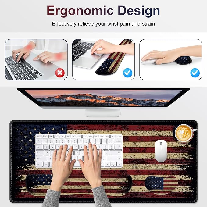 Desk Mat Pad, Gaming Mouse Pad Wrist Support Set, 4 in1 Non-Slip XXL Large Mousepad + Ergonomic Keyboard Wrist Rest+Mouse Wrist Rest+Coaster for Home Office PC Computer I Vintage American Flag