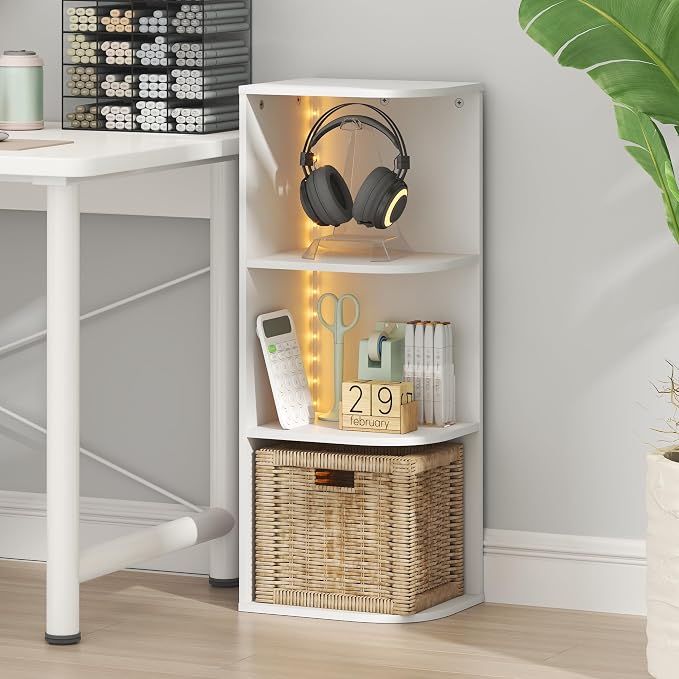 Furinno PASIR Book Shelf with LED Lights, 3-Tier Corner Bookshelf, Open Shelves Bookcase 9.3 x 12 x 31.5, for Home Office, Living Room, Study Room, White