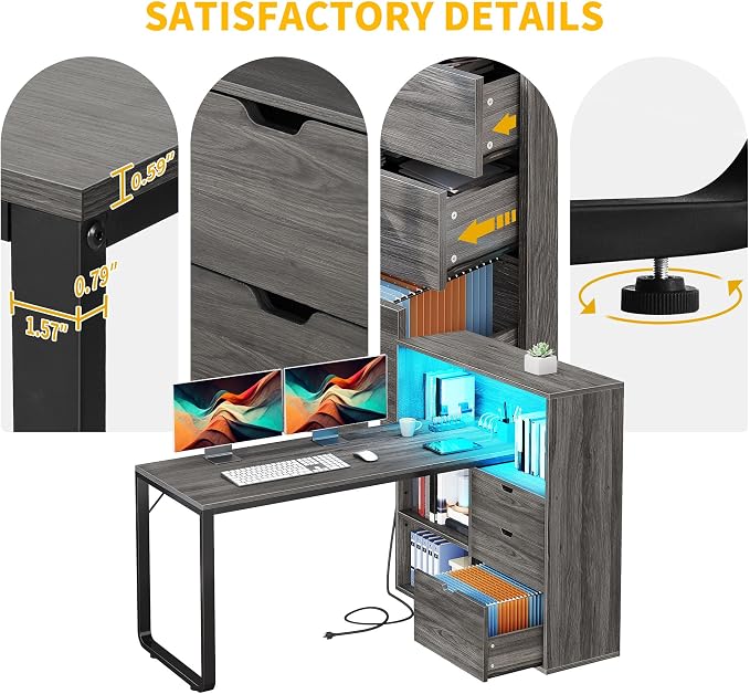 DWVO 55" L Shaped Corner Desk with Bookshelf, Drawers, Power & LED, Grey | Built-In Power Outlets, Led Lights, Attached Bookshelf, Storage Drawers, for Home Office Corner, Easy Assembly