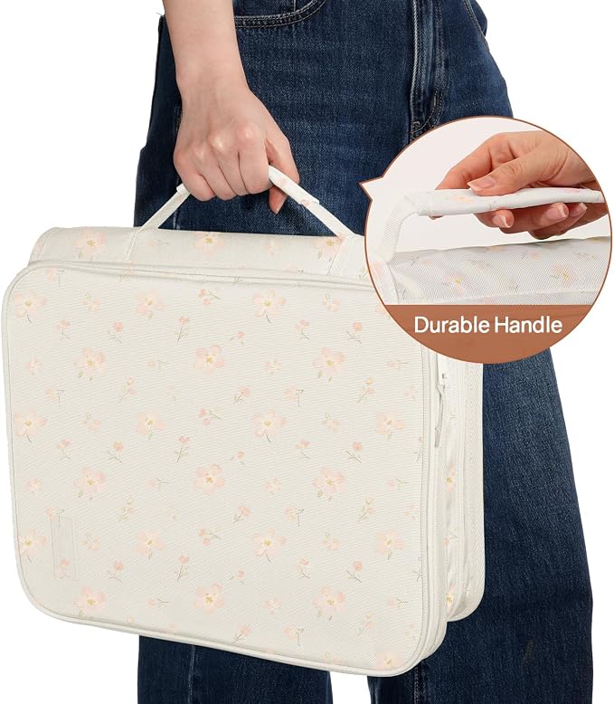 SUNEE Zippered Binder Bag with Handle, 2-Inch 3-Ring O-Ring, 500-Sheet Capacity, Includes Zip Pocket, 5-Tab Expanding File Folder, Multi-Pocket Organizer Binder for Middle School, Pink Little Flower