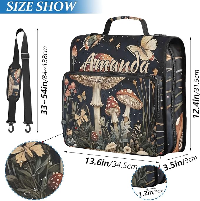 Custom 3 Ring Zipper Binder Mushrooms Flowers Butterflies (2) Personalized Name 1.5 inch Binders Large Capacity Multi Pockets for School Office Supplies