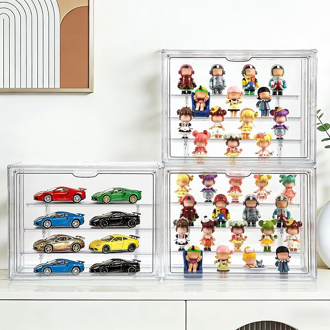 1 Pack 3-Tier Acrylic Display Case with Adjustable Shelves - Magnetic Door Clear Showcase Box - Stackable Dustproof Organizer for Action Figures Collectibles