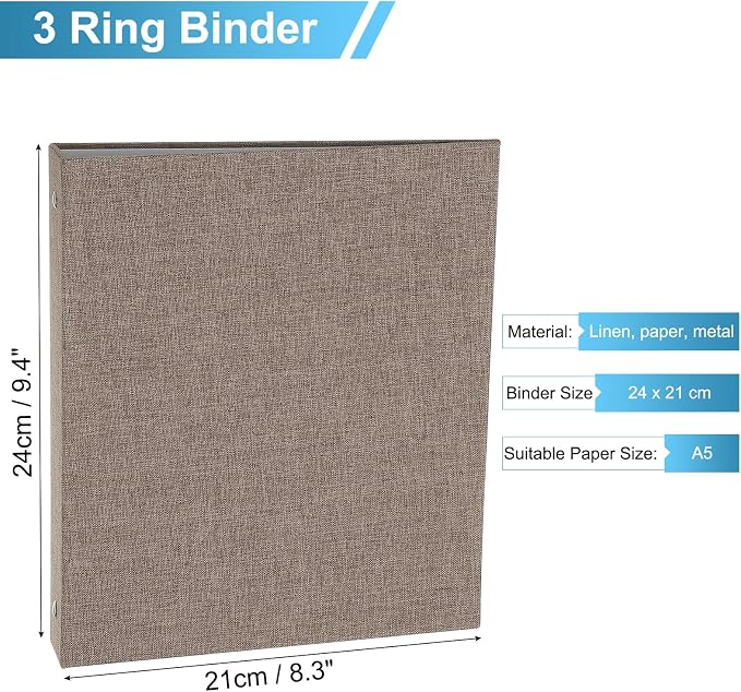 PATIKIL A5 Size 3 Ring Binder,1Pcs 1 Inch Round Ring Durable Linen Hardcover Binder Fit for Paper Recipe Photo Office, Dark Gray