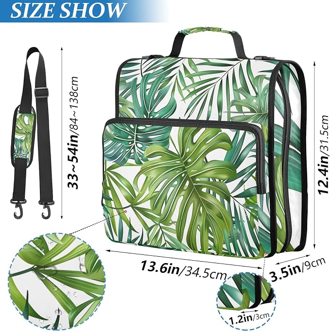 3 Ring Zipper Binder with Shoulder Strap Palm Leaves Tropical Plants Green 2 Inch Zippered Binder Bag 500 Sheet Capacity Multi Pockets for School Supplies