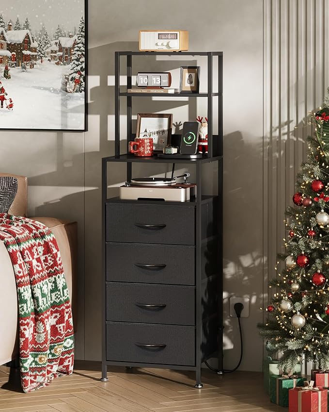 WLIVE Tall Nightstand with Charging Station, LED Night Stand with 4 Drawers and Storage Open Shelves, Fabric Dresser for Bedroom, Office, Black