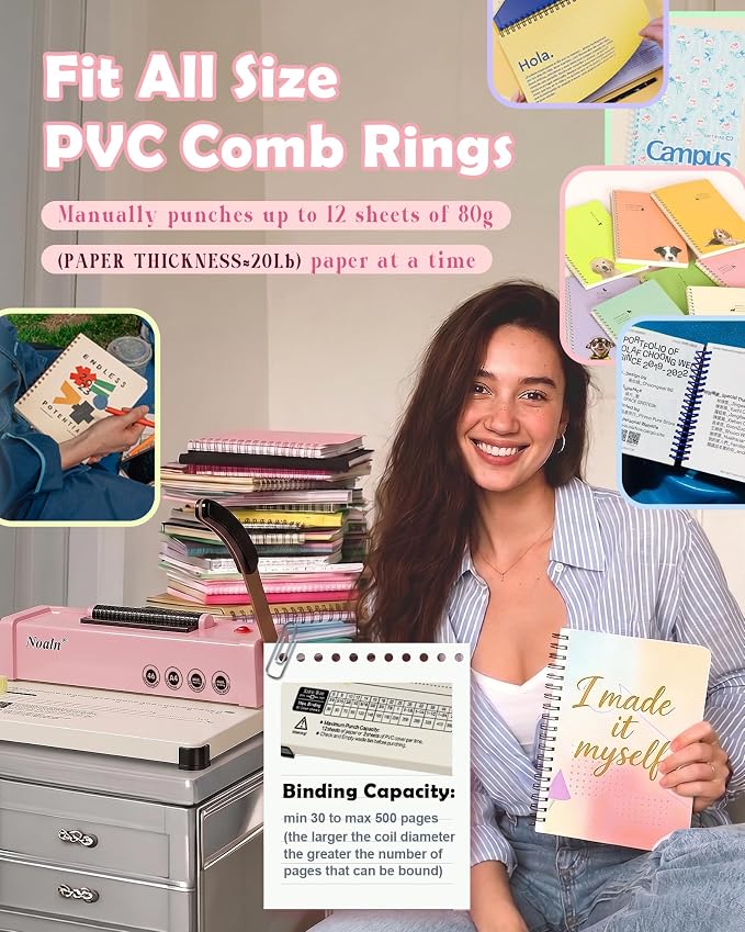 46-Hole Binding Machine Spiral Coil Binder Classic Pink,DIY Book Binder Kits with Electric Coil Inserter,100pcs Comb Binding Spines,for Letter Size/A4/A5 School Office Home