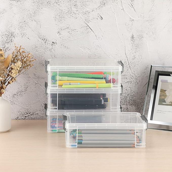 BTSKY 4 Pack Extra Large Plastic Pencil Box Stackable, Translucent, Grey | Clear Pencil Caase Crayon Box Set Marker Organizer Art Supply Storage Organizer for Gel Pens Pencils Erasers Tape Markers etc